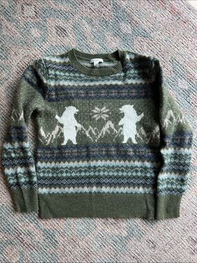 Crewcuts Olive Green Fair Isle Crewneck Sweater with White Penguin Motifs